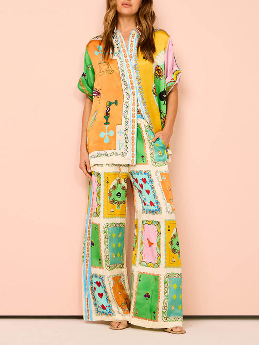 Summer Print Elastic Waist Wide Leg Pants, Summer Resort Beach Trousers