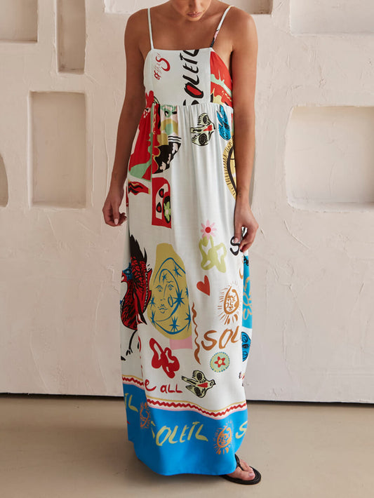 LORÉVA Artistic Print Satin Maxi Dress