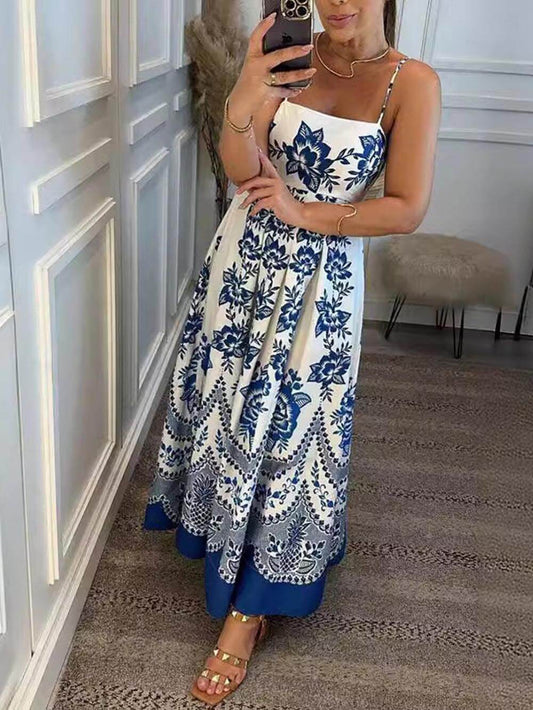 Floral Ethnic Print Smocked Back Maxi Dress, Summer Resort Beach Dress