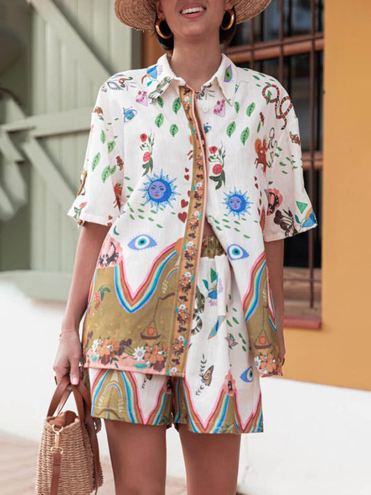 Vibrant Print Button-Down Short Set, Summer Beach Resort Outfit