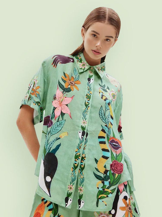 LORÉVA Ethnic Print Loose Shirt and Shorts Set