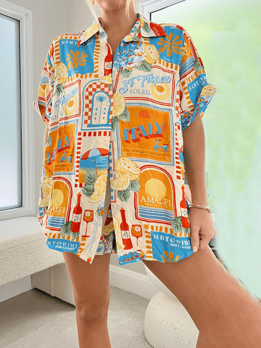 Sun Lounger Printed Shirt Shorts Set, Summer Beach Resort Outfit