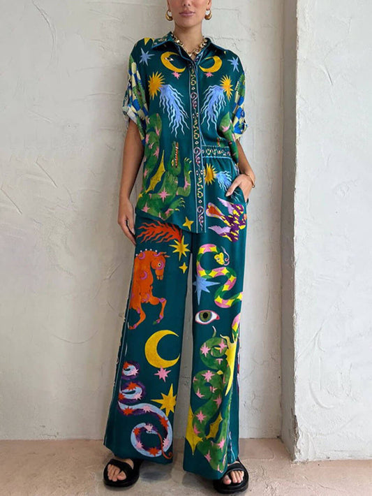Artistic Print Wide Leg Pant Set, Summer Resort Vacation Outfit