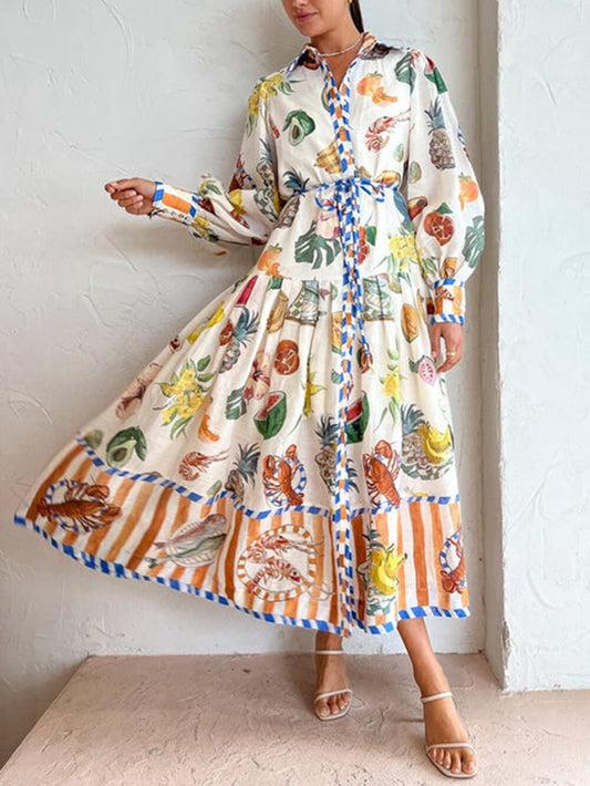 Multi Print Button-Down Midi Dress