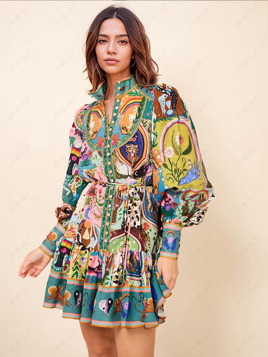Graffiti Print Long Sleeve Mini Dress, Summer Resort Beach Dress