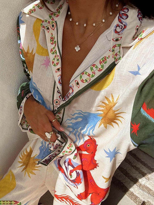Printed Long Sleeve Shirt and Pants Set, Summer Resort Vacation Outfit
