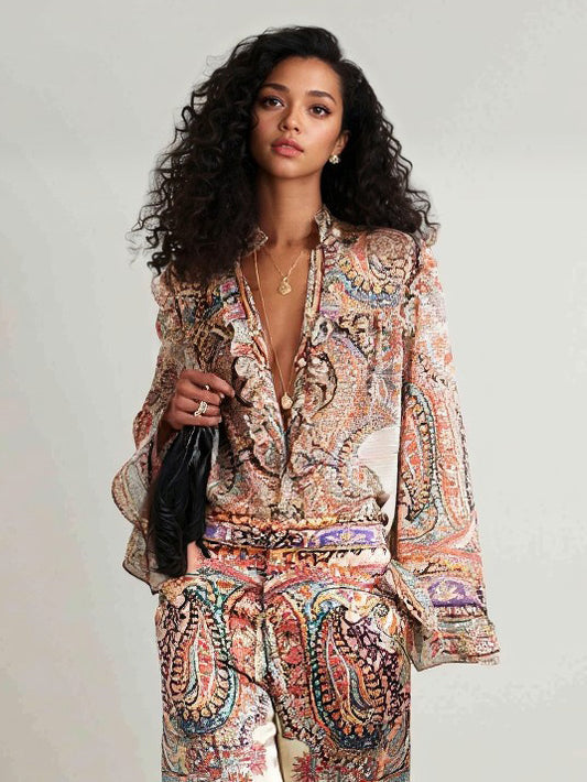 Elegant Satin Printed Oversized Shawl Top & Pants Two-Piece Set