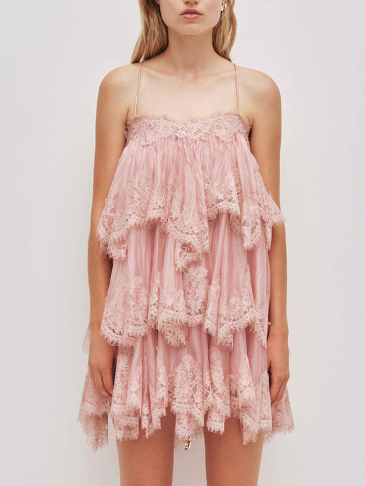 Elegant Layered Lace-Trim Spaghetti Strap Mini Dress