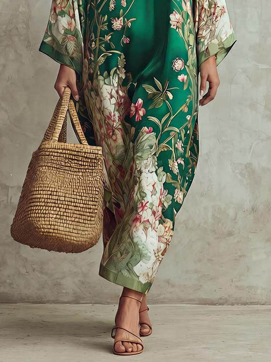 Elegant Satin Printed Oversized Shawl Top & Pants Two-Piece Set
