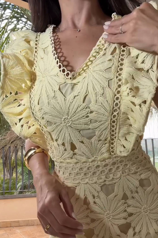 V Neck Sleeveless Ruffle Crochet Lace Tiered Maxi Dress