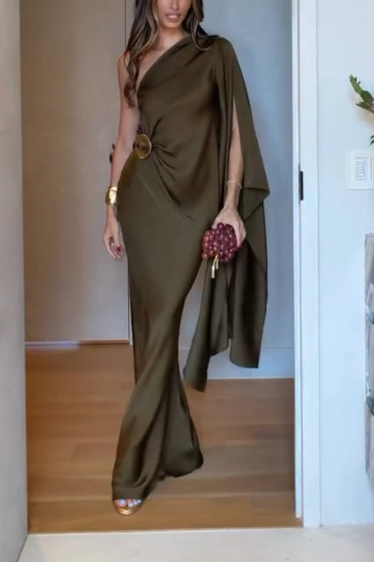 One Shoulder Cape Sleeve Top & Draped Maxi Skirt Two Piece Dress Set