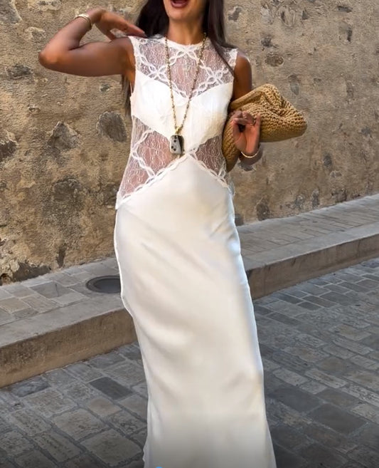 White Satin Lace Cutout Sleeveless Maxi Dress