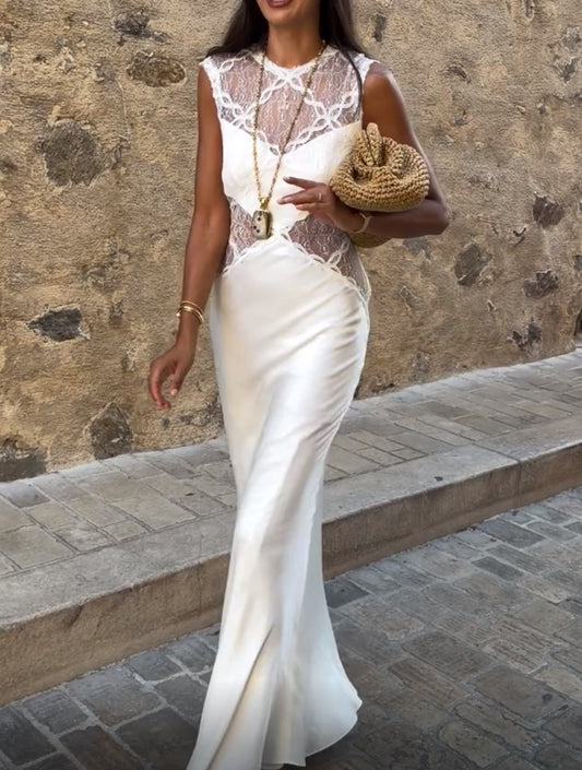 White Satin Lace Cutout Sleeveless Maxi Dress