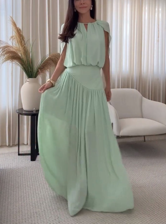Mint Green Cape Sleeve Maxi Dress Keyhole Neck Pleated Flowy Formal Dress