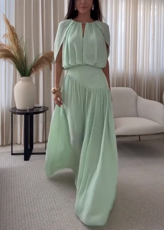 Mint Green Cape Sleeve Maxi Dress Keyhole Neck Pleated Flowy Formal Dress