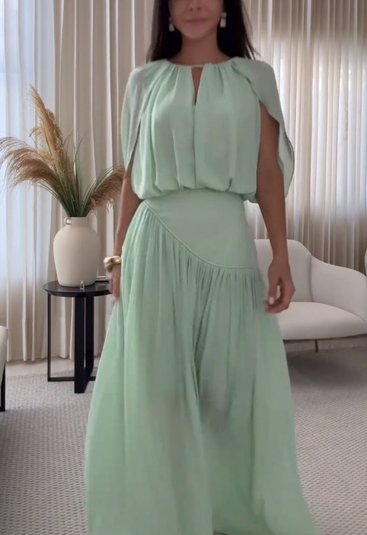 Mint Green Cape Sleeve Maxi Dress Keyhole Neck Pleated Flowy Formal Dress