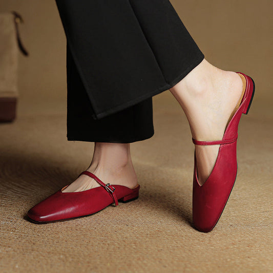 LORÉVA Leather Mary Jane Mules Square Toe