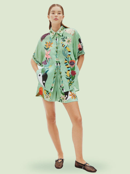 Ethnic Print Loose Shirt and Shorts Set, Summer Beach Resort Outfit