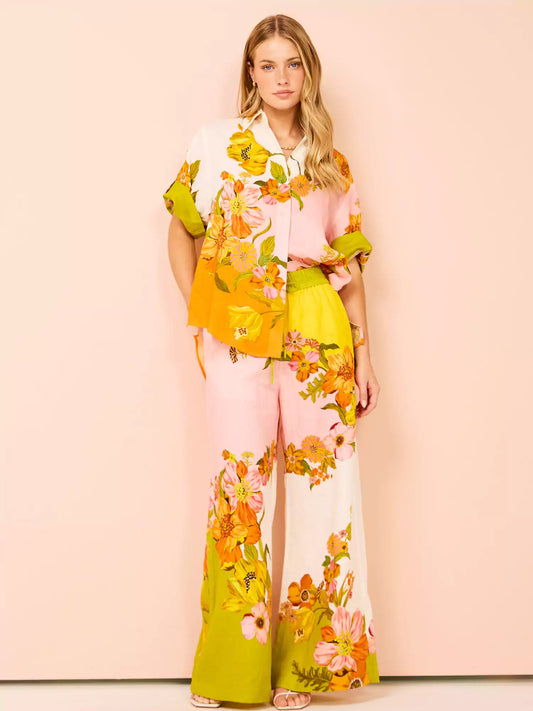 EMIRA Unique Print Elastic Waist Wide Leg Pants Set