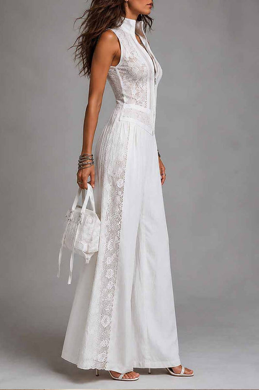 Sleeveless Zip‑Front Lace Spliced Wide Leg Jumpsuit
