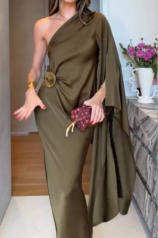 One Shoulder Cape Sleeve Top & Draped Maxi Skirt Two Piece Dress Set