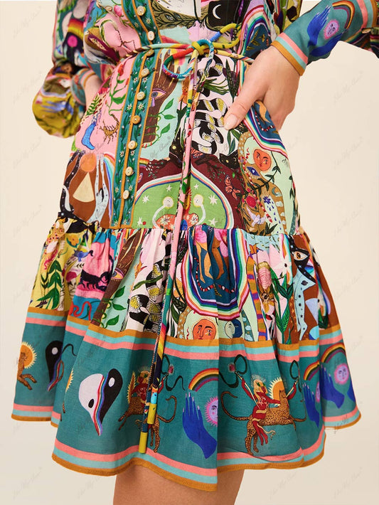 Graffiti Print Long Sleeve Mini Dress, Summer Resort Beach Dress