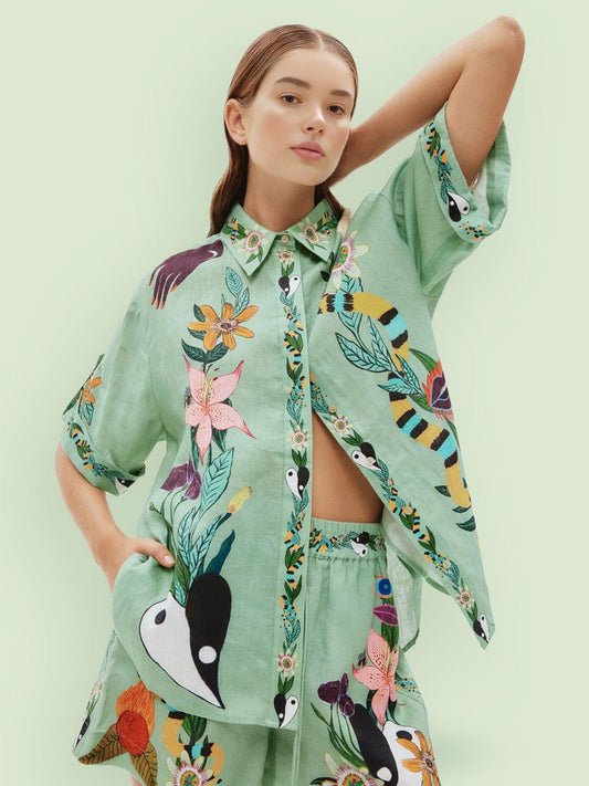 Ethnic Print Loose Shirt and Shorts Set, Summer Beach Resort Outfit