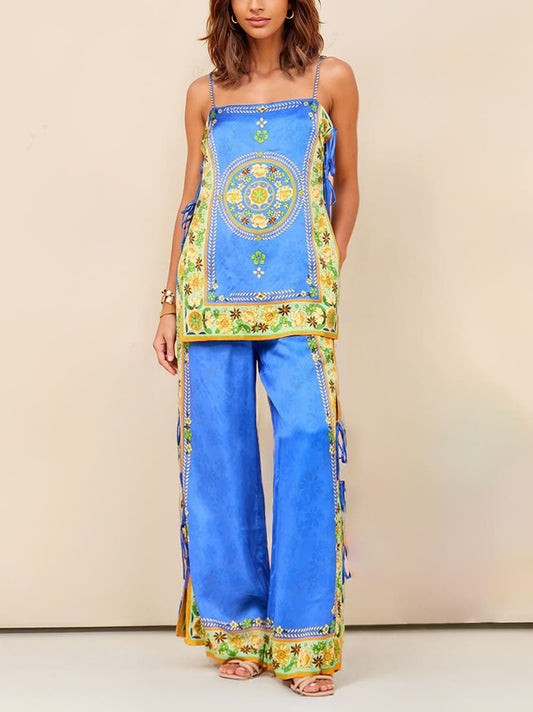 Ornate Mosaic Print Wide Leg Pants Set, Summer Resort Vacation Outfit