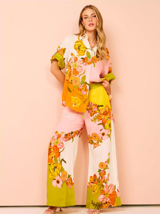 Unique Print Elastic Waist Wide Leg Pants Set, Summer Resort Vacation Outfit