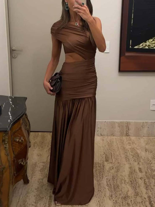 Unique Off-shoulder Waist Hollow Maxi Dress