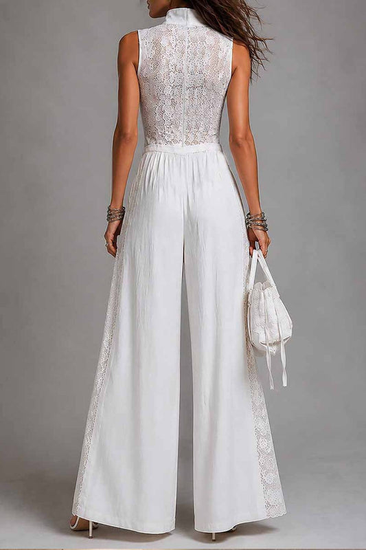 Sleeveless Zip‑Front Lace Spliced Wide Leg Jumpsuit