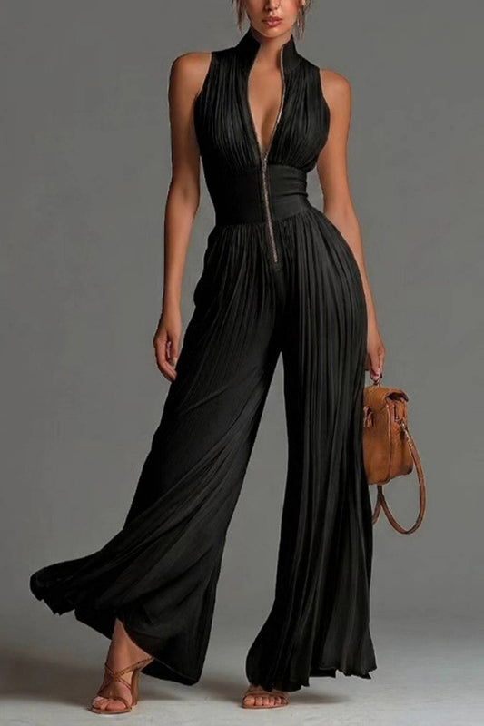 Sleeveless Wide-leg Jumpsuit With Stand Collar And Half Zipper