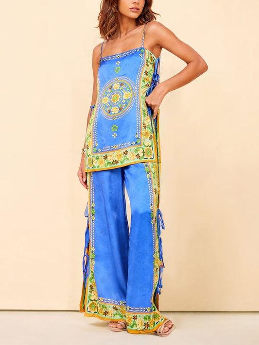 Ornate Mosaic Print Wide Leg Pants Set, Summer Resort Vacation Outfit