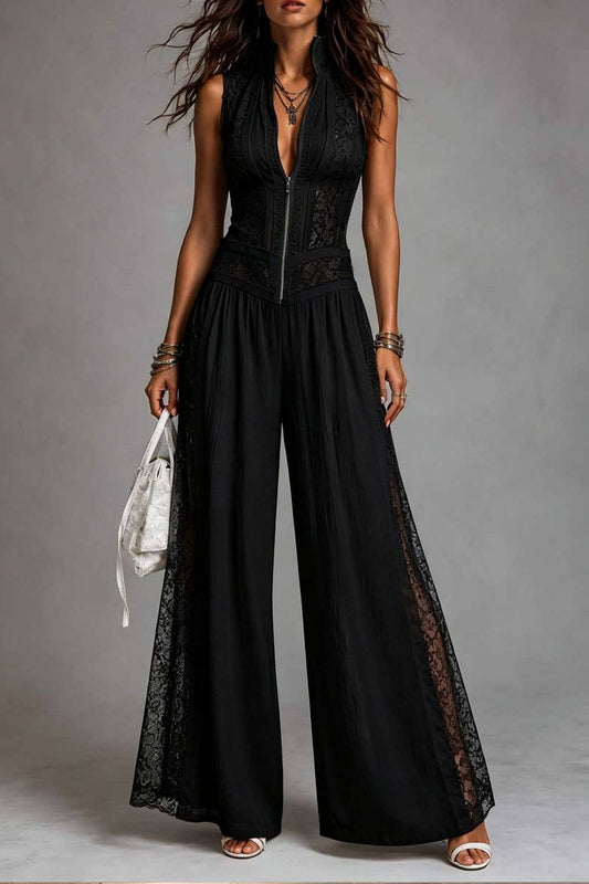 Sleeveless Zip‑Front Lace Spliced Wide Leg Jumpsuit