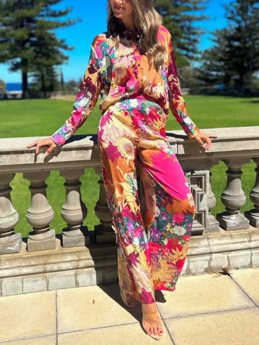 Floral Print Button-Down Pant Set, Summer Resort Vacation Outfit