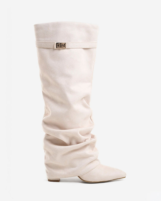 SÉVIGNÉ Slouchy Suede Knee High Boots - Cream