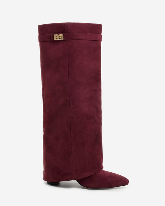 VALMONT Suede Fold-Over Knee High Boots - Burgundy