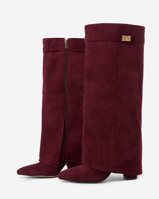 VALMONT Suede Fold-Over Knee High Boots - Burgundy