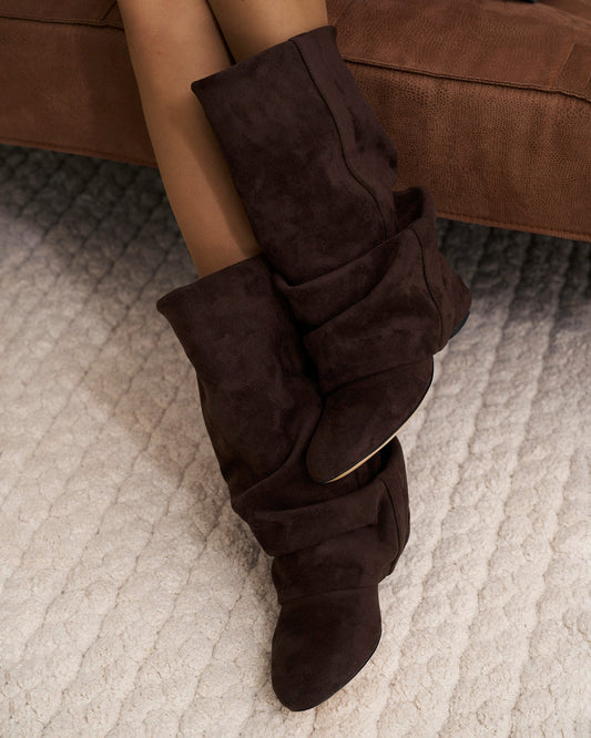 SÉVIGNÉ Slouchy Suede Knee High Boots - Dark Chocolate