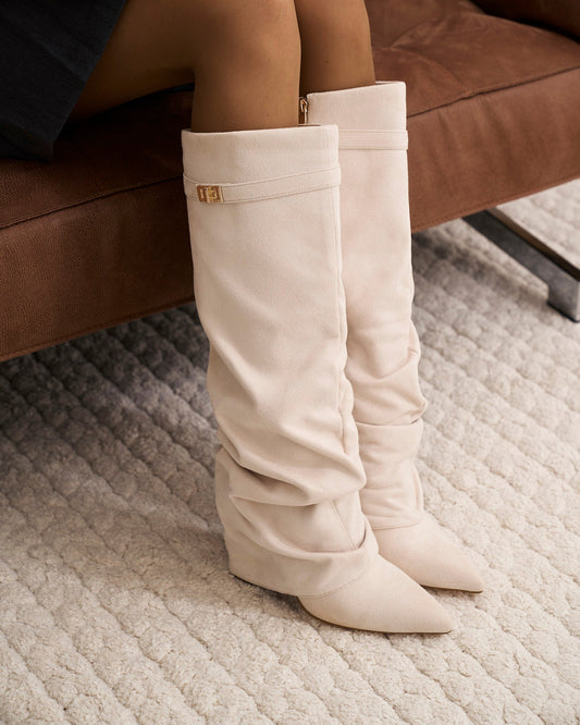SÉVIGNÉ Slouchy Suede Knee High Boots - Cream