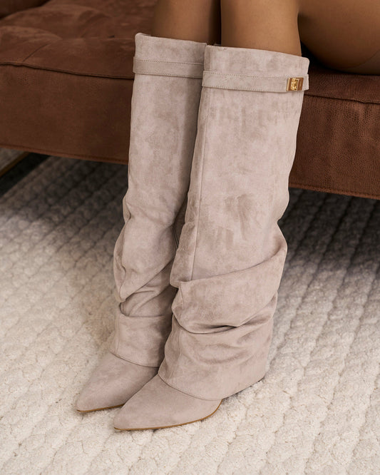 SÉVIGNÉ Slouchy Suede Knee High Boots - Taupe