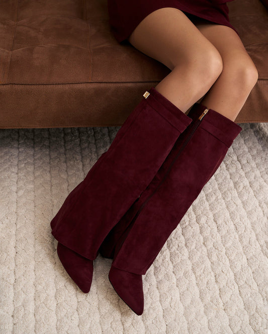 VALMONT Suede Fold-Over Knee High Boots - Burgundy