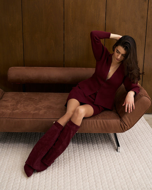VALMONT Suede Fold-Over Knee High Boots - Burgundy
