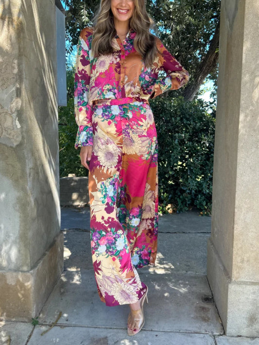 EMIRA Floral Print Satin Button-Down Pant Set