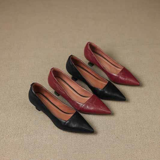 LORÉVA Distressed Leather Pointed-Toe Kitten Heel Pumps