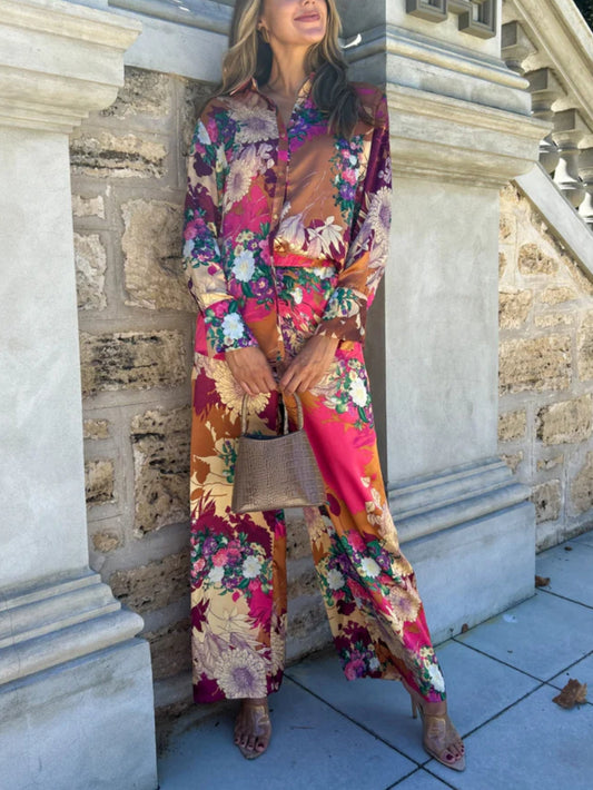 EMIRA Floral Print Satin Button-Down Pant Set