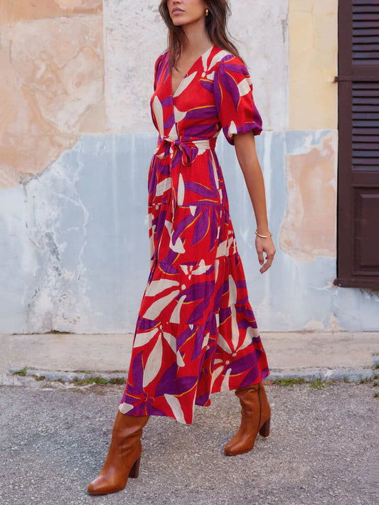 V-Neck Puff Sleeve Slit Printed Maxi Dress, Summer Resort Beach Dress