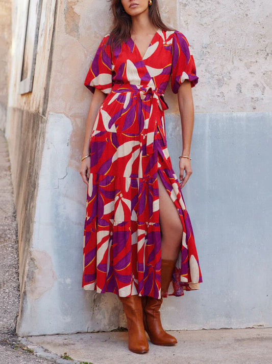 V-Neck Puff Sleeve Slit Printed Maxi Dress, Summer Resort Beach Dress