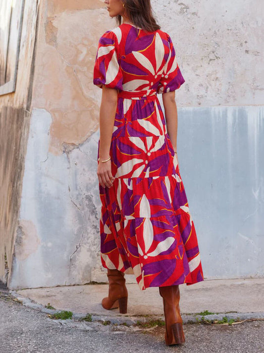 EMIRA V-Neck Puff Sleeve Slit Printed Maxi Dress