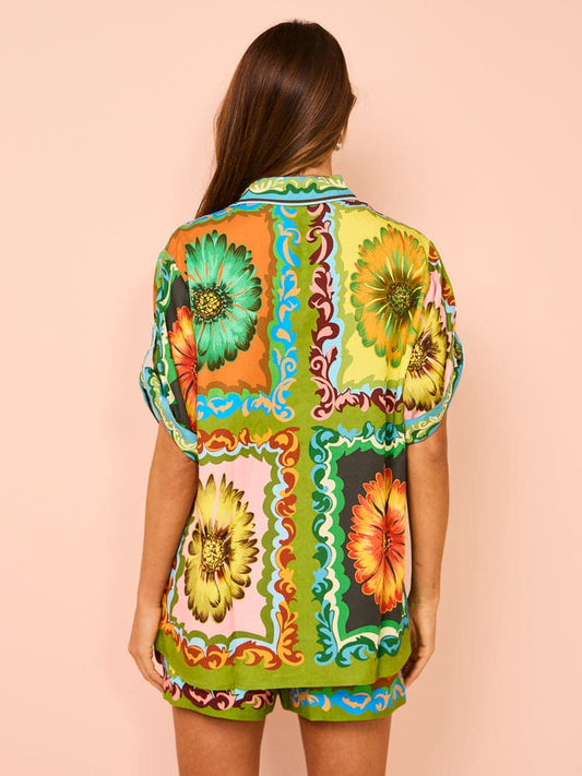 EMIRA Sunflower Print Satin Elastic Waist Shorts Set